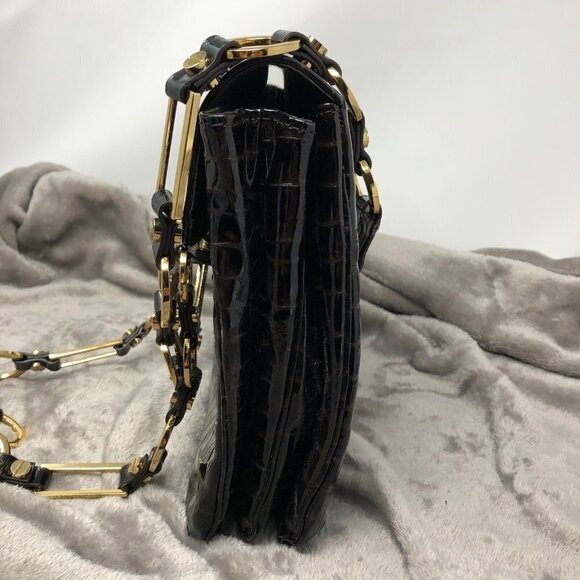 Tory Burch Retired Dark Brown Patent Leather Croc Embossed Gold Hardware Bag - Picture 5 of 12